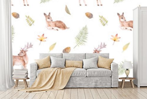 Watercolor seamless pattern with cartoon deer, acorns and fern leaves on a white background