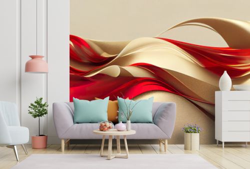Abstract Christmas wallpaper. Flowing glossy creamy red, white and gold background. Texture imitating running painting with smooth details. 3D rendering for Xmas graphic design, banner, poster