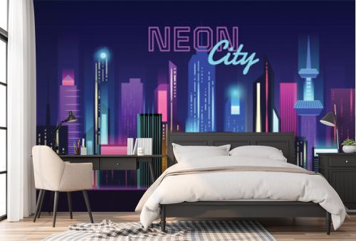 Futuristic city. Neon town cityscape with glowing skyscrapers, panoramic urban architecture vector background illustration