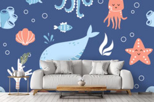 Vector seamless marine pattern. Sea animals on dark blue background. Pattern with whale, octopus, sea crab, starfish, jellyfish and other fishes in flat design. Childish background.