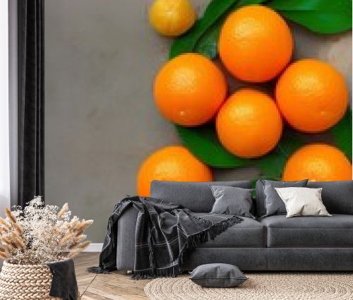 Orange fruit with green leaves on the white wood. Home gardening. Mandarine oranges. Tangerine oranges. Orange color. Fresh orange juice - generative ai