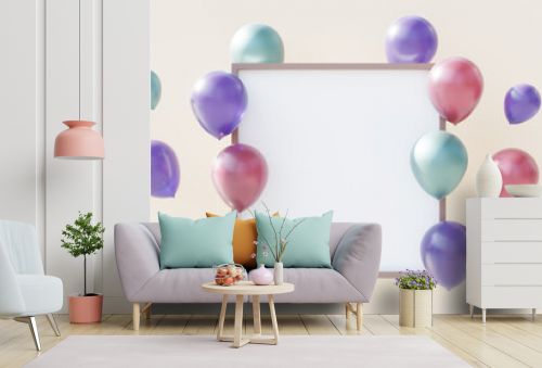 Set of coloured balloons with empty space for text. Realistic 3D rendered, mock up, background for birthday, anniversary, wedding, holiday congratulation banners and for social media
