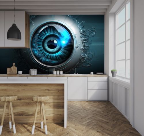 a cyber eyeball isolated on blue background.
