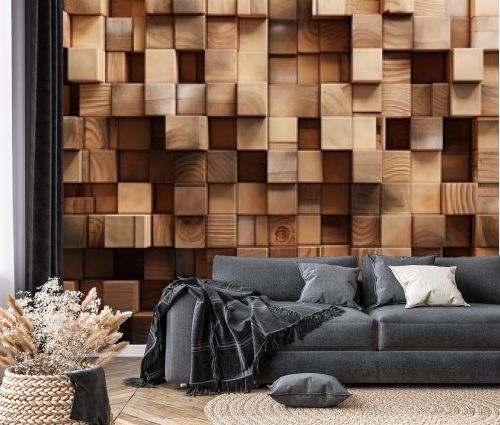 Rustic Charm Textured Wood Block Wall Paneling for Natural Interiors, Generative AI