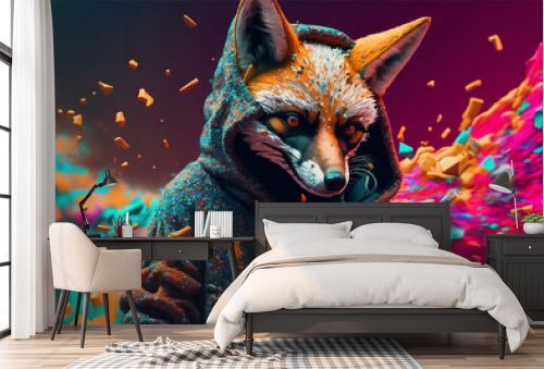 Fox in a scratchy hoody surrounded by a vivid color bomb explosion background, ultra-realistic rendering, ideal for colorful wall art, home décor, and gifts for animal lovers. Generative AI