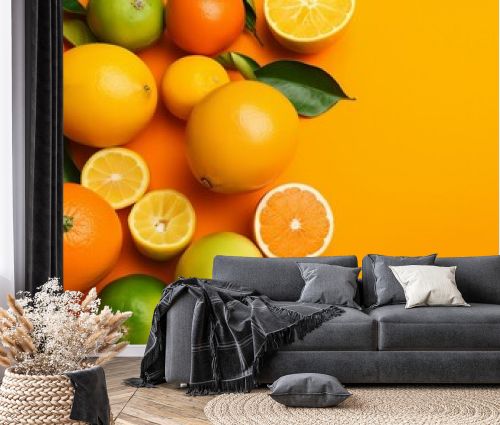 Citrus fruits on orange background Generative AI