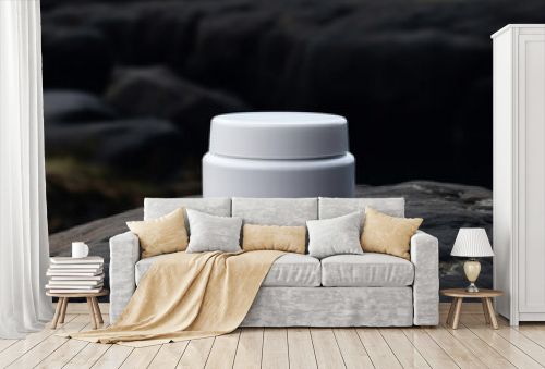 White and blank, unbranded cosmetic cream jar standing outdoors, on the rocks. Skin care product presentation. Skincare, beauty and spa. Jar with copy space, moisturizer. Generative AI.