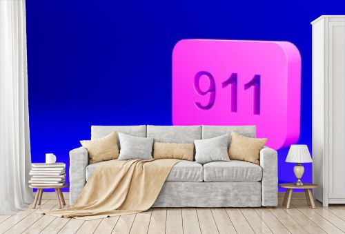 Pink Telephone with emergency call 911 icon isolated on blue background. Police, ambulance, fire department, call, phone. Minimalism concept. 3D render illustration