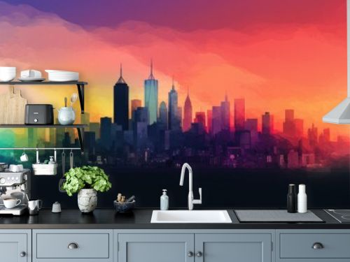 An abstract image of a city skyline with a rainbow-colored gradient overlay. Sense of diversity and inclusivity in a big city