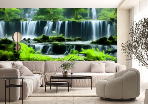 river running through a lush green forest, a matte painting, beautiful waterfalls, beautiful image, Generative AI