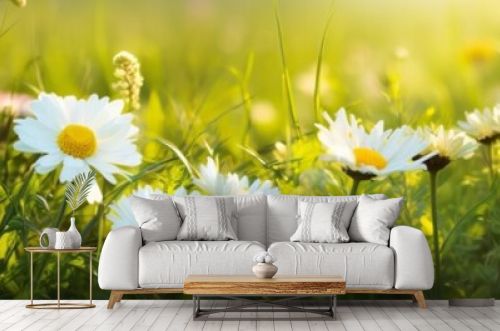 Beautiful summer natural background with yellow white flowers daisies, clovers and dandelions in grass against of dawn morning. Ultra wide panoramic landscape, banner format