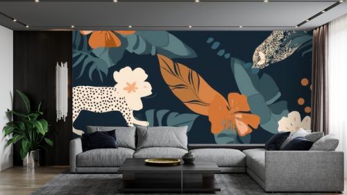 Hand drawn abstract jungle pattern with leopards. Creative collage contemporary seamless pattern. Fashionable template for design, Generative AI