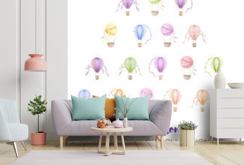 Vector hot air balloon designs in various watercolor styles for graphic designs and cards