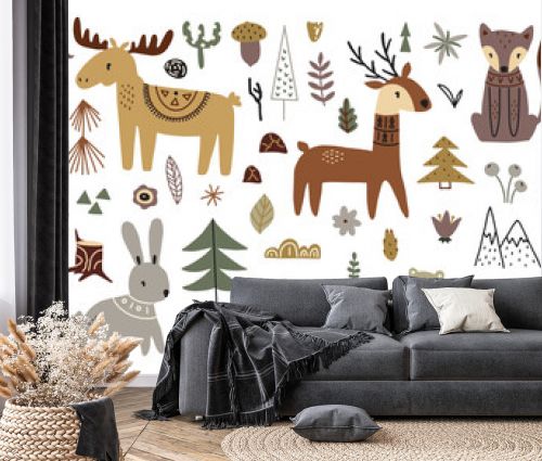 Set of forest animals. Cute fox, bear, deer, elk, rabbit. Ideal for scrapbooking, postcards, posters, tags, stickers. Hand drawn vector illustration.