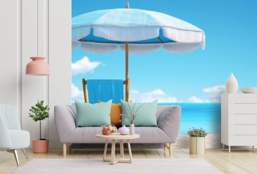 3D Summer Chair and umbrella on tropical beach background. Generative AI