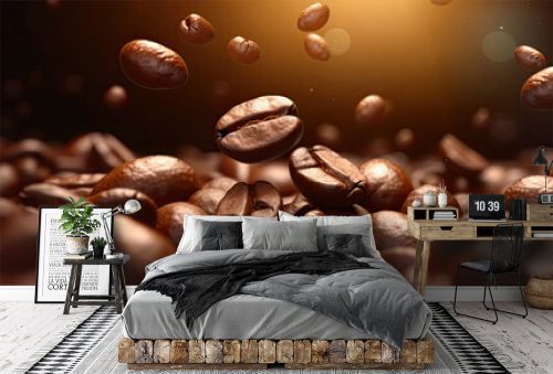 Dark brown coffee beans fall in a heap. Cafe banner with warm colors and sunlight.