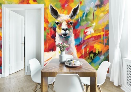 llama form and spirit through an abstract lens. dynamic and expressive lama print by using bold brushstrokes, splatters, and drips of paint. llama raw power and untamed energy