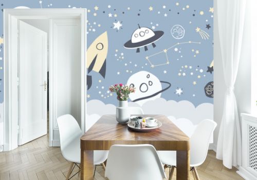 Children graphic illustration for nursery, wall, book cover, textile, cards. Interior design for kids room. Vector illustration with space theme