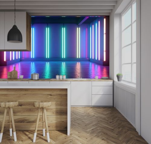 empty room with neon light glow in dark room, pink blue green, idea for background, backdrop, mock up, Generative Ai