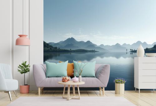 A minimalist landscape with a scenic lake or river, Generative AI