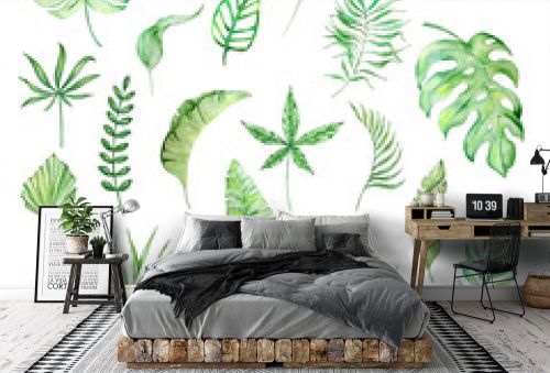 Watercolor bright green tropical leaves, for summer designs