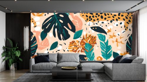 Hand drawn abstract jungle pattern with leopard print. Creative collage contemporary seamless pattern. Natural colors. Fashionable template for design