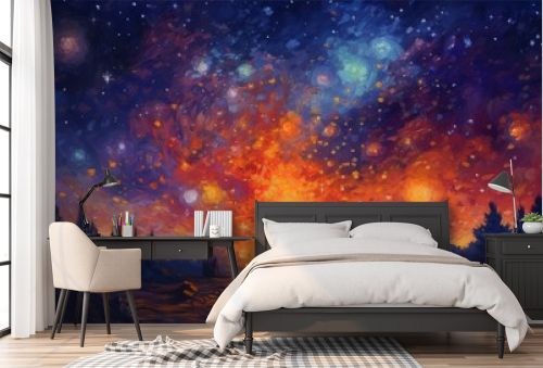 Abstract fire oil painting illustration. Flames of a bonfire against Beautiful night starry sky, Blue Cosmos, galaxy, stars Generative AI