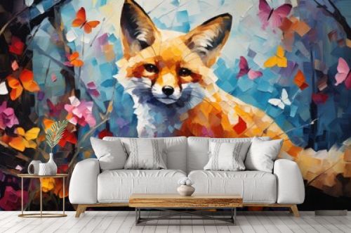 Vibrant fox portrait amidst colorful flowers, trees, and watercolor. Majestic mammal, no people. Generative AI