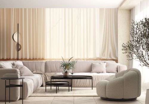 Three Layers of Cream Side Curtain, Beige Blackout Drapery, White Sheer Fabric Drape, Blank Gray Wall, Baseboard, Sunlight From Window on Floor. Interior Design Decoration Product, Space Background 3D