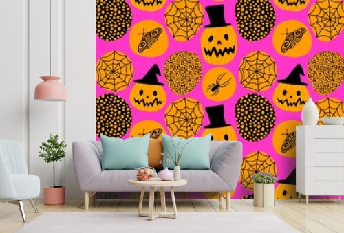 Autumn harvest vegetable seamless monster Halloween pumpkins pattern for wrapping paper and fabrics
