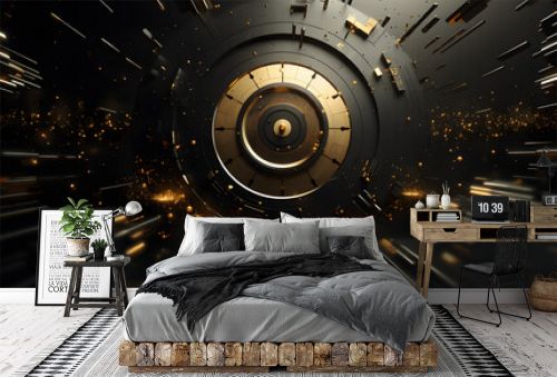 a wall clock in gold and black moving into the darkness