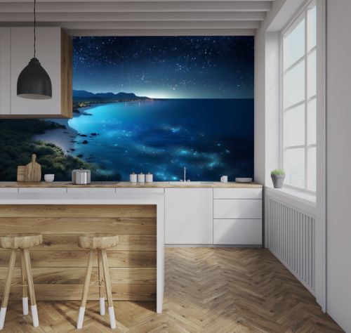 Ocean illuminated with fluorescent lights at night with starry sky, fantasy image for background, poster, print, AI generated
