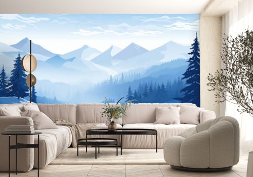 Snowy mountain landscape, Vector blue silhouette of mountains, hills and forest