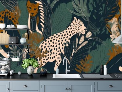 Hand drawn artistic abstract jungle pattern with leopards. Ethnic style collage contemporary seamless pattern. Fashionable template for design, Generative AI