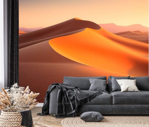 Explore the mesmerizing patterns of desert dunes as the sun bathes them in golden light. The photography reveals the undulating sands, the endless horizon and the warm hues.