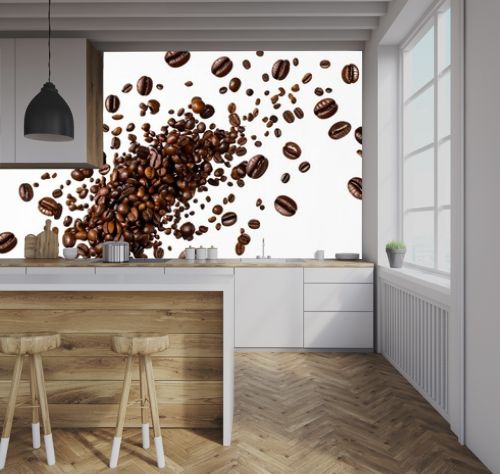 Flying coffee beans on white backgrounds