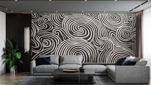 A detailed black and white pattern on a textured wall