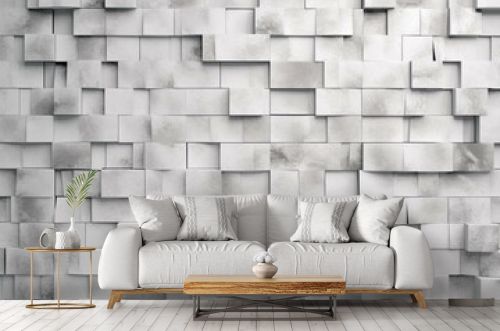 3D rendered wall made of polished mosaic tiles arranged in a rectangular shape, creating a concrete block background. Generative AI