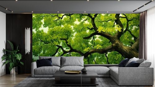 Lush summer canopy. Green forest bathed in sunlight. Nature leaf beauty. Verdant tree in sun. Filtered through foliage