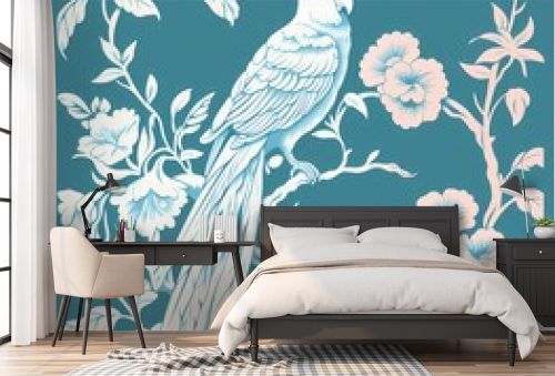 Chinoiseries style wallpaper with flower and bird in light background