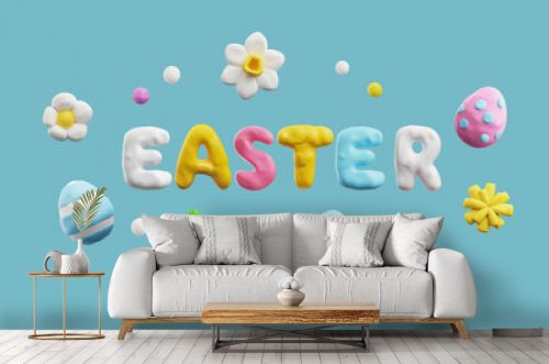 3D Happy Easter holiday greeting design with spring blossom, Easter painted eggs and flowers on vector postcard