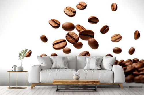 Coffee beans float on a light background, levitation.