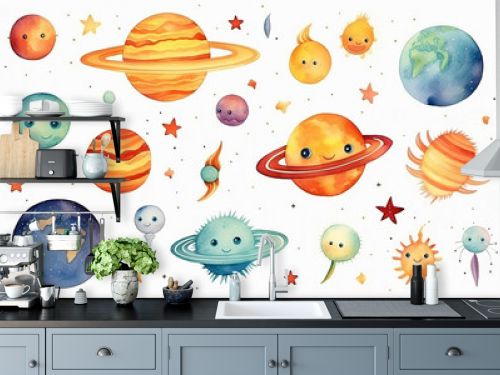 planets in space on a white background, watercolor drawing for children primitive minimalistic poster illustration