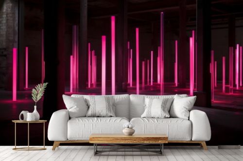 Iconic Industrial Elegance: Dark Room with Pink Lights, Columns and Totems in Post-Modernist Installation Style. Redshift Influence, Cloudcore Aesthetics, Vibrant and Iconic