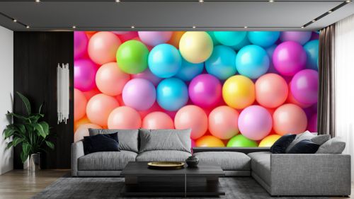 Vibrant multi-colored balloons tightly packed together, creating a cheerful and colorful background.