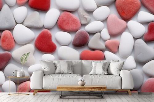 Red white spa Heart stones Wall Mural on concrete board. Seamless pattern tile. Valentine's day-wedding. for Print. fabric textile. wall wallpaper graphics. Copy space.