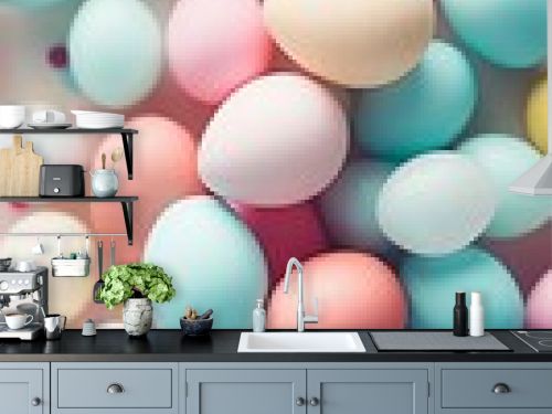 a top view flat lay easter background border with copy space in the middle: pastel pink table surface frame, colored eggs, flowers and spring decoration, vertical