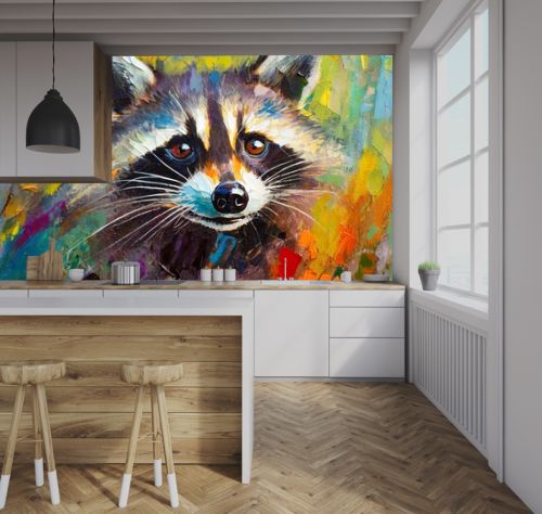 oil raccoon portrait painting in multicolored tones conceptual abstract painting of a raccoon muzzle closeup of a painting by oil and palette knife on canvas
