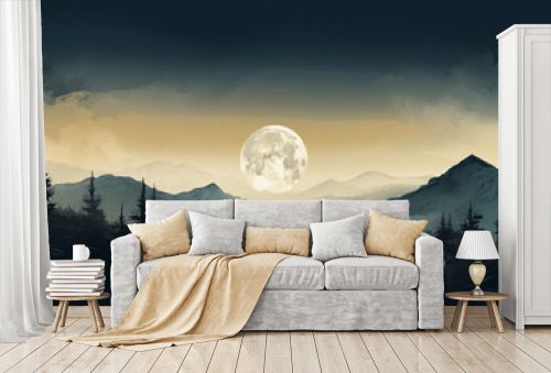 Nature, landscape and art concept. Abstract illustration of mountains at night with big moon and forest in background with copy space. Minimalist and abstract style
