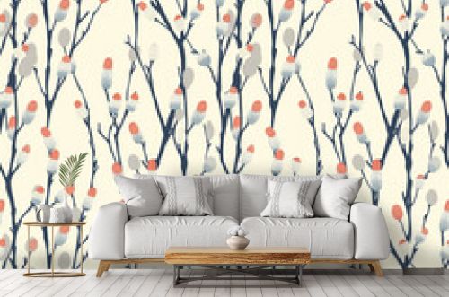 Catkins on a willow tree seamless pattern. Can be used for gift wrapping, wallpaper, background
